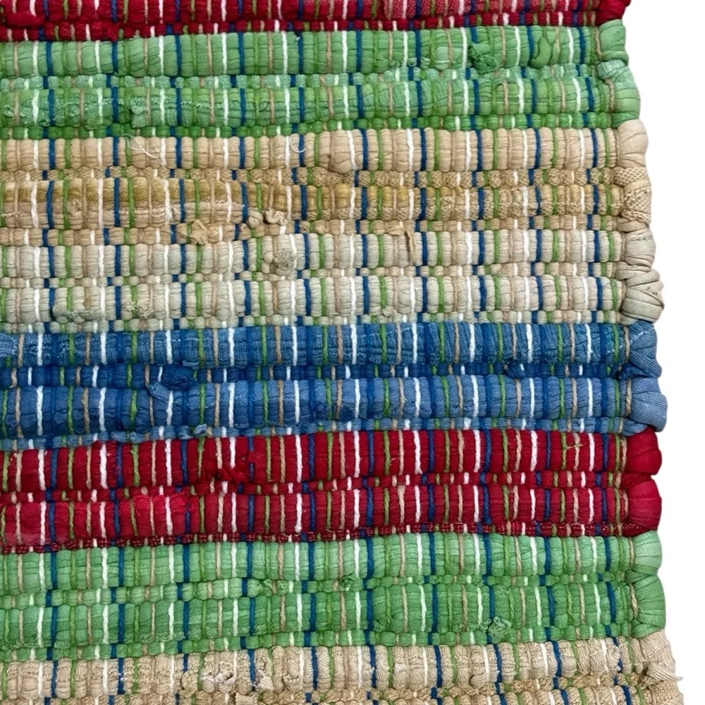 Vintage Thick Handwoven Throw Rug Striped Red White Blue Green Tan 30”x 18”